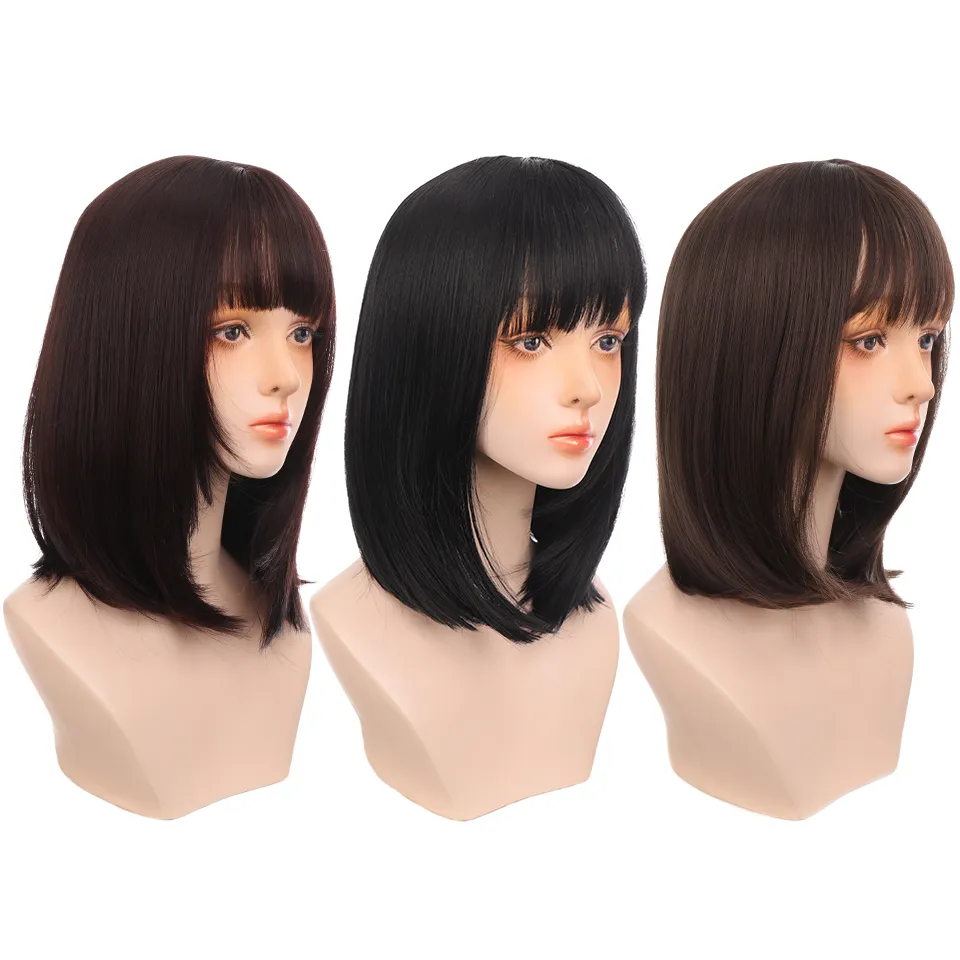 Bangs Black Brown Animeコスプレの合成WIGS BUQI中長的かつら女性の毎日の偽髪の女性の髪