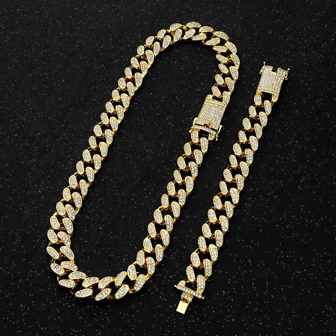 Set collana e bracciale hip-hop da uomo, argento, cristallo di ghiaccio, Miami, catena Cuba, diamante ad acqua pesante, rapper, 2 cm Q0809