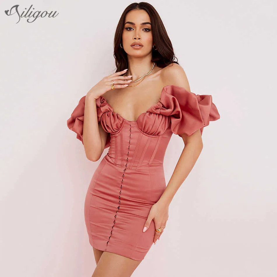 Saten Ruffled Puf Kollu Yaz Aç Geri Straplez Kısa Kollu Sıkı Mini Elbise Seksi Parti Vestidos 210527