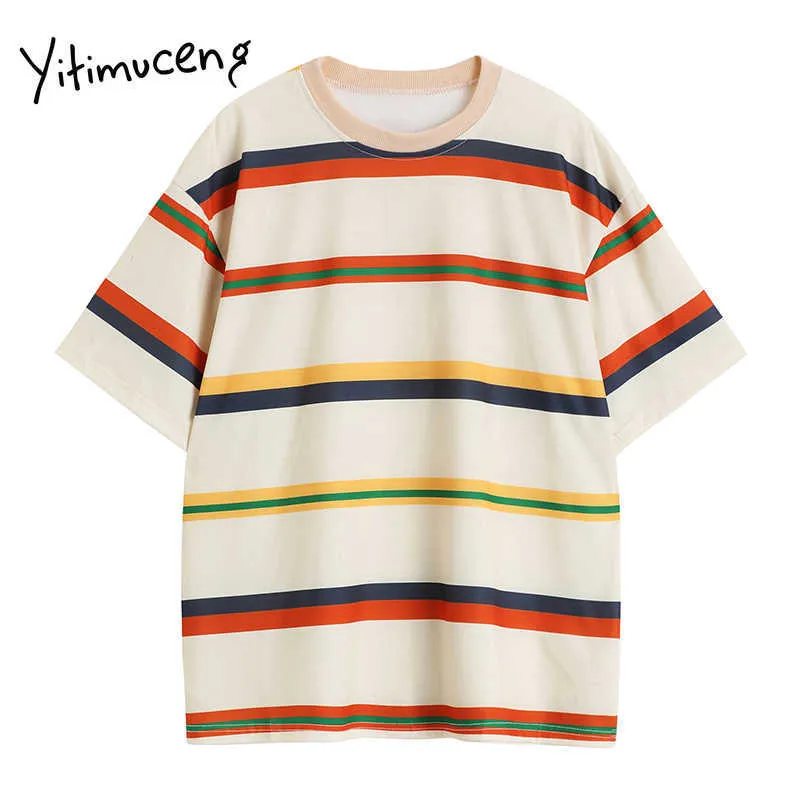 Yitimuceng Striped T Shirts Woman Plus Size Harajuku Tees O-Neck Casual Tops Summer Korean Fashion Straight Tshirts 210601