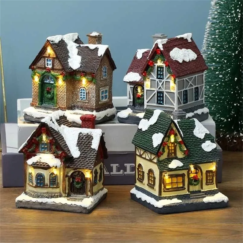 Christmas Scene Village House Statue with Warm LED Light Battery Operated Winter Snow Landscape Resin Building Miniature Figurin 211105