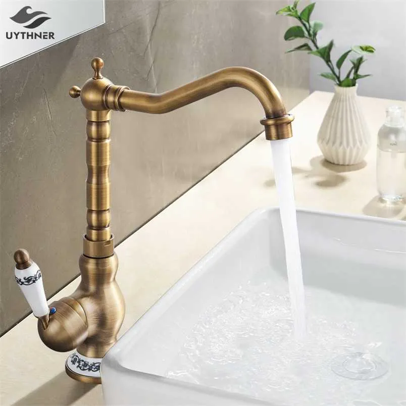 Bateria Kitchen Sink Bateria Antyczne Mosiądz Single Handle Kitchen Basin Bateria Deck Cold Water Basin Basin Taps 211108