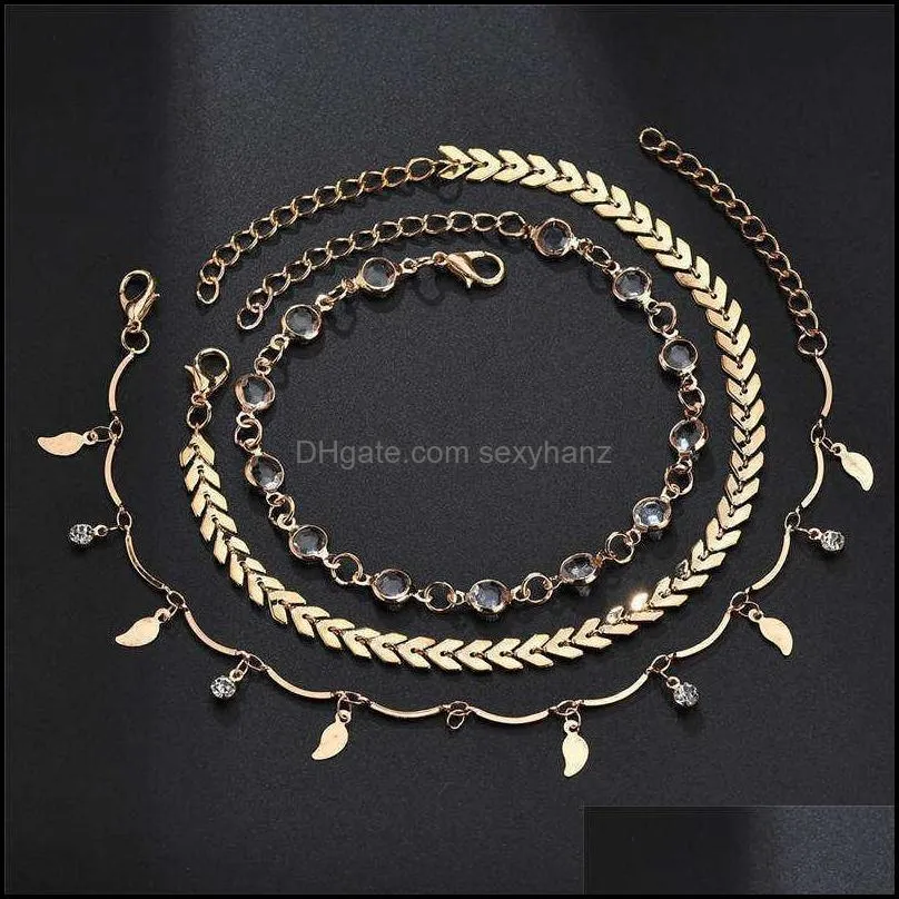 Crystal Arrow Leaf Tassel Anklet Chain Gold Multilayer Wrap Foot Chain Foot Bracelet Fashion Beach Jewelry Will and Sandy Dropship