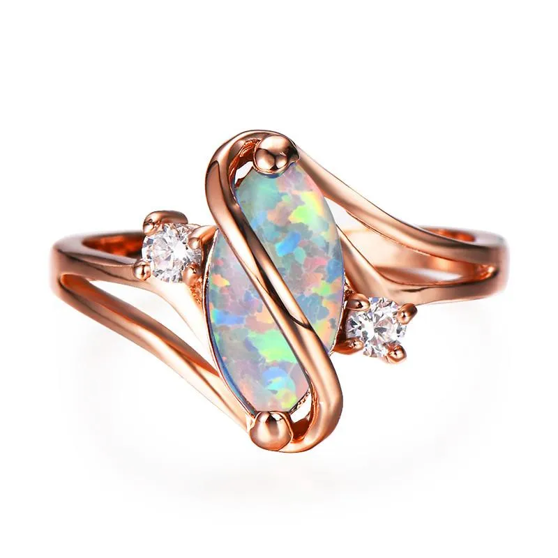 Bröllopsringar unika hästögon regnbågens stenring s formad blå vit eld opal boho rosguld födelsesten för kvinnor smycken259k