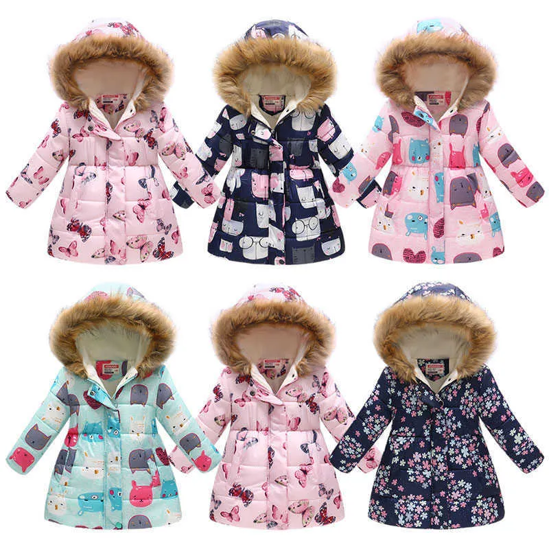 Hot Sell 2020 Fashion Medium Long Winter Coat för tjejer Barnkläder Stora tjejer Tryckt bomullsadjacka med päls Hoodie H0909