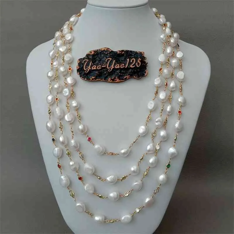 Y·YING 18" 4 Strands Freshwater White Baroque Pearl Multi Color Cz Chain Necklace handmade party wedding for women