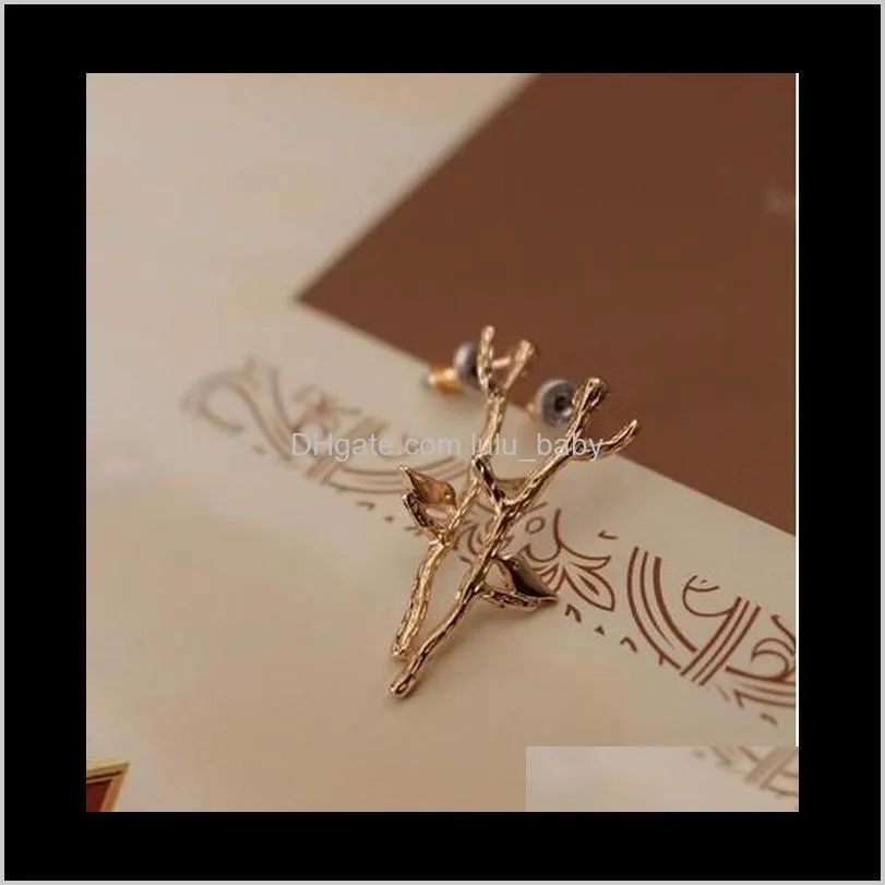 Punk Bird Branch Stud Earring Gothic Alloy Gold Silver Tone Ear Stud For Girls