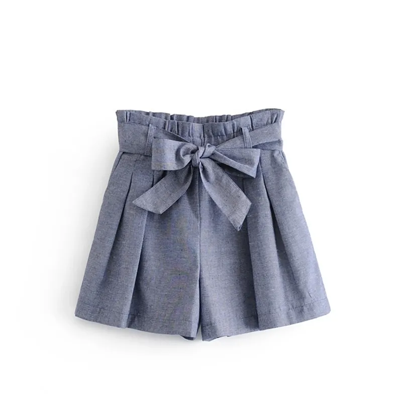 Mais recentes mulheres chique calções sólidas arco laço faixas bolsos elástico paperbag cintura feminina elegante shorts pantalones cortos 210306