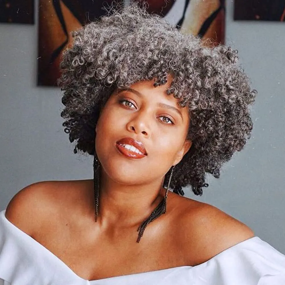 Perruque de cheveux humains Afro crépus bouclés avec frange, perruque grise courte pour femmes noires, bonnet en dentelle sans colle respirant