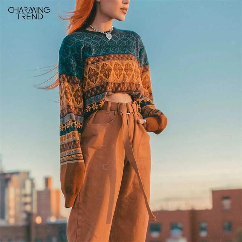 Chritmas Swetry dla kobiet Retro Chic Color Color Bluzy Młoda Dziewczyny Zimowe Crop Topy Oversize Dzianiny Krótki Sweter Żeński 211018
