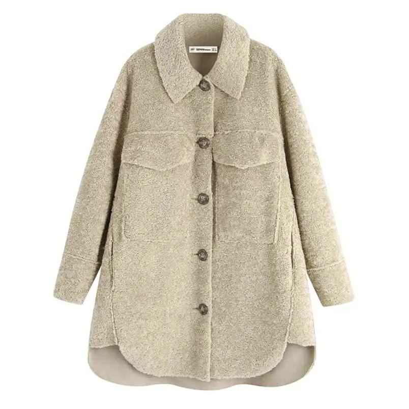 Solid Fleece Blusar Kvinnor Mode Slå ner Collar Skjortor Eleganta Fickor Långärmad Toppar 210531