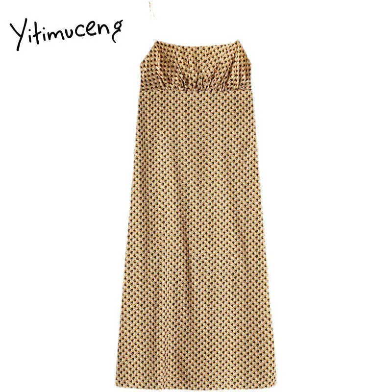 Yitimuceng Print Folds Camis High Waist Dresses Kvinnor Slash Neck A-Line Kläder Sommar Fransk Fashion Mini Dress 210601
