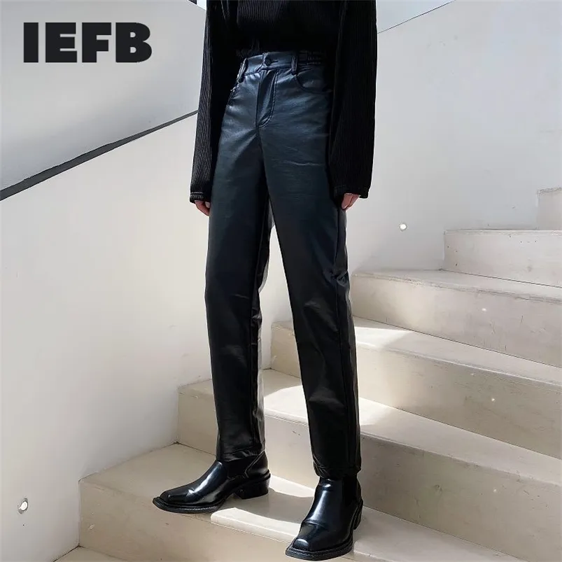 IEFB Simple Design PU Lederen Broek voor Mannen Cool Rechte Ankel-Lengte Patns Mannelijke Black Elastische Taille Streetwear Broek 9Y4422 210715