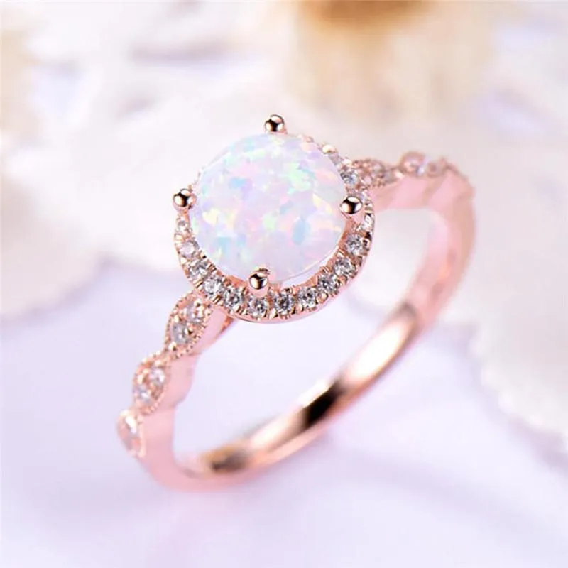 Cluster Rings Dainty Round Fire Opal Pour Les Femmes Or Rose CZ Engagement En Cuivre Promise Ring Avec Boîte-Cadeau