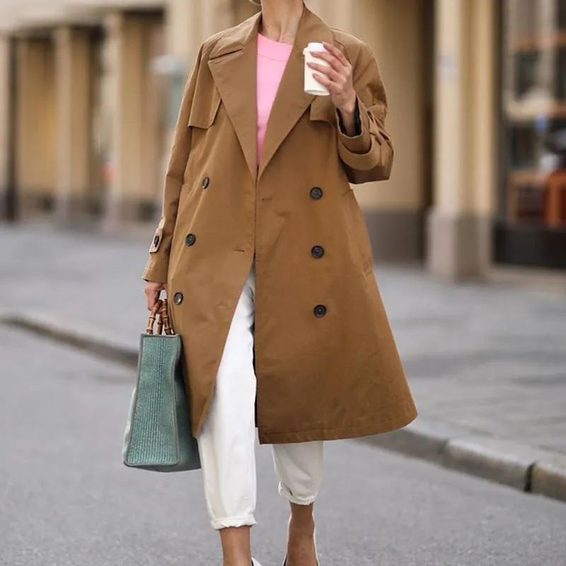Women's Trench Coats Nice Casual Woman Soild Kleur Lange Fijn Mode Dames Herfst Double Breasted Uitloper Vrouwelijke Vintage Streetwears