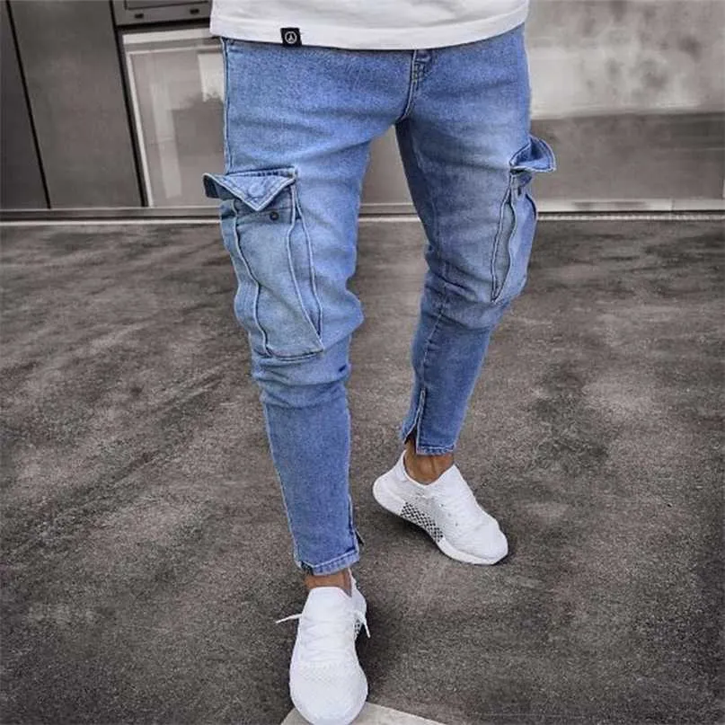 Män Jeans Safari Style Pencil Byxor Solid Slim Male Denim Trousers Cargo Streetwear Plus Size Höst Vårkläder 211108