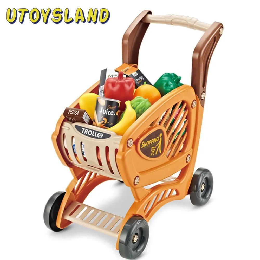 43Pcs Children Supermarket Pretend Play Simulation Shopping Cart Toy Set For Children Educational Toys Birthday Gift - Brown Red 210312