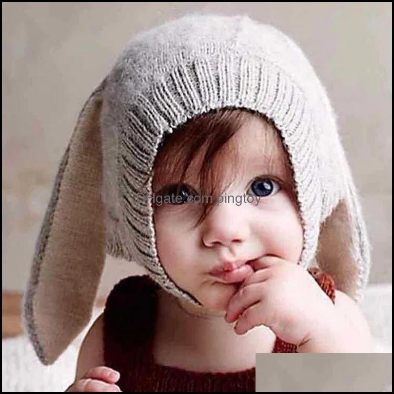 Autumn Toddler Kids Long Ear Rabbit Protection Knitted Wool Caps Winter Warm Baby Boys Girls Hats for 3-10 months Baby 2017