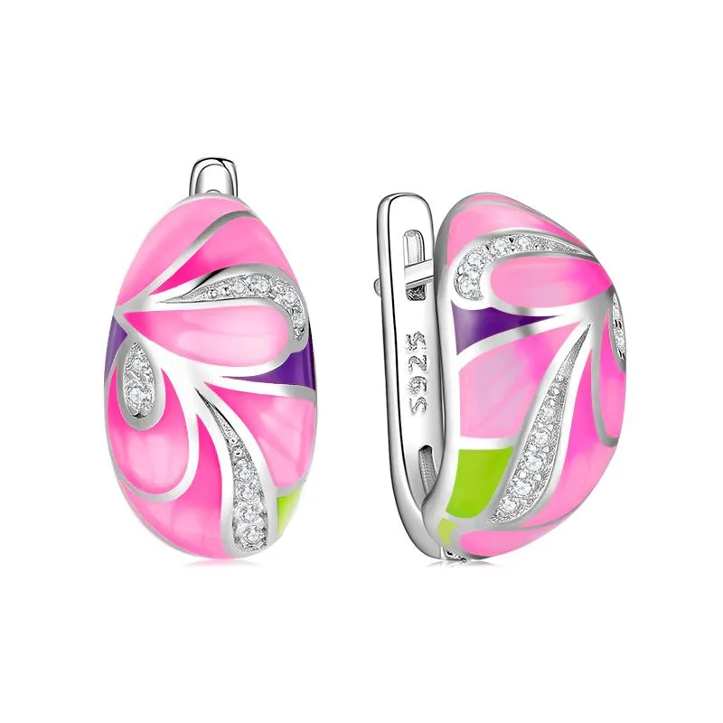 Stud Design Ladies Flower Leaves 925 Silver Earrings Female Jewelry Pink Elegant Enamel Clear CZ Earring For Wedding Banquet