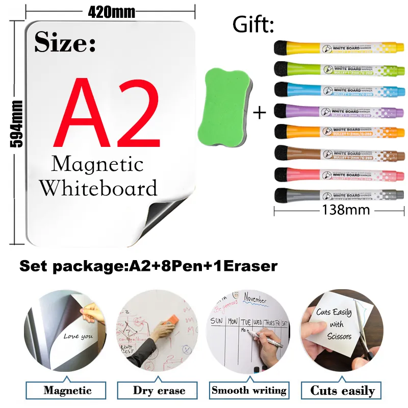 Soft Magnetic Whiteboard Arc Angl A2 Maat 16.5 "x23.4" voor koelkast Dry Wis Board Gift 8 Pen 1 Gum Magneet Kids Board 210312