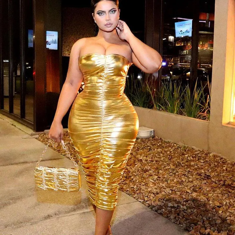 Gold Metallic Club Party Dress Women Elegant Off Shoulder Ruched Strapless Bodycon Midi Vestido De Festa