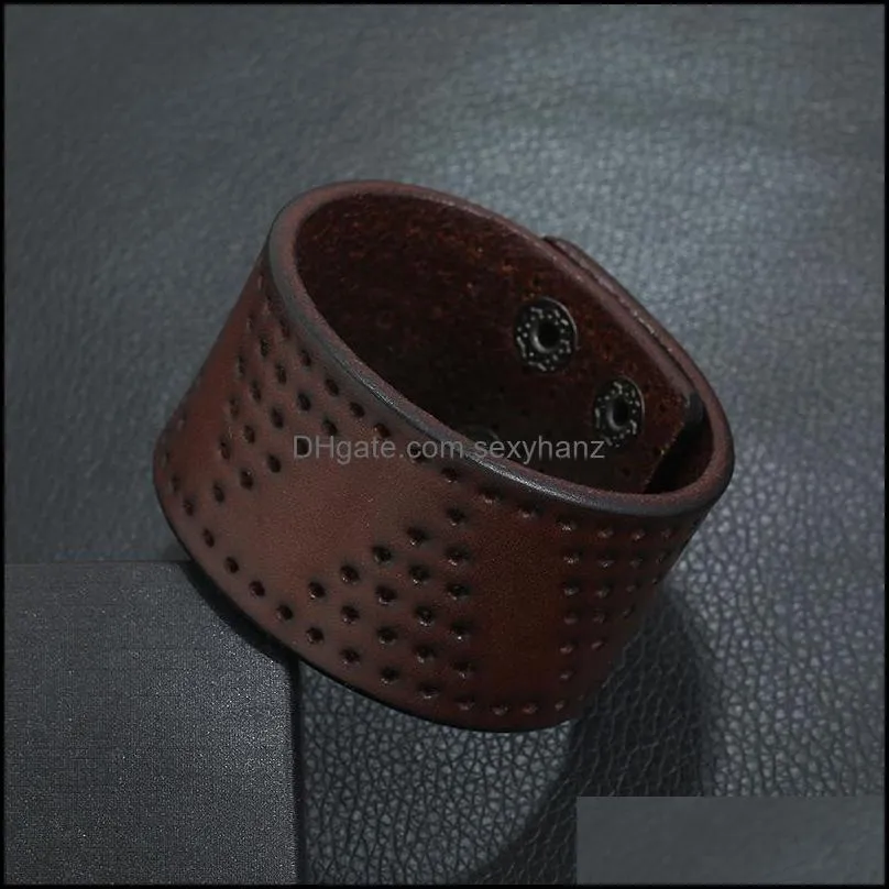 punk retro vintage mens leather bracelet simple punching wide leather bracelet