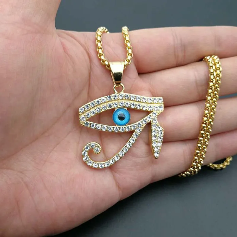 Hiphop Oude Egypte Oog van Horus Hanger Ketting Voor Vrouwen / Mannen Goud Kleur Roestvrij staal Iced Out Bling Charm Sieraden