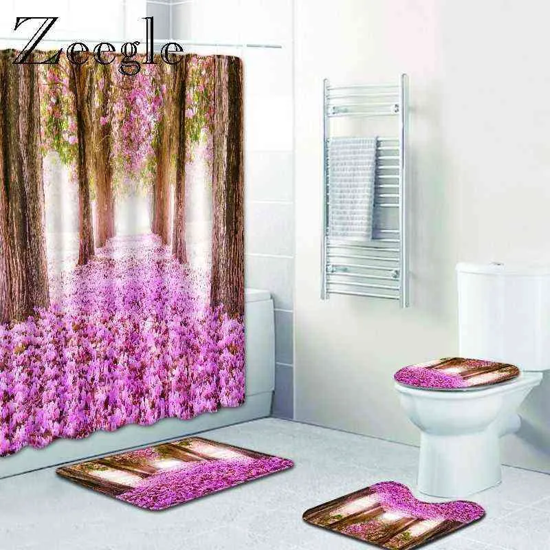 Bath Mat Set Anti Slip Carpet Shower Curtain with Hooks Absorbent Bathroom Toilet Seat Cover Mat Accessories for Toilet Carpet