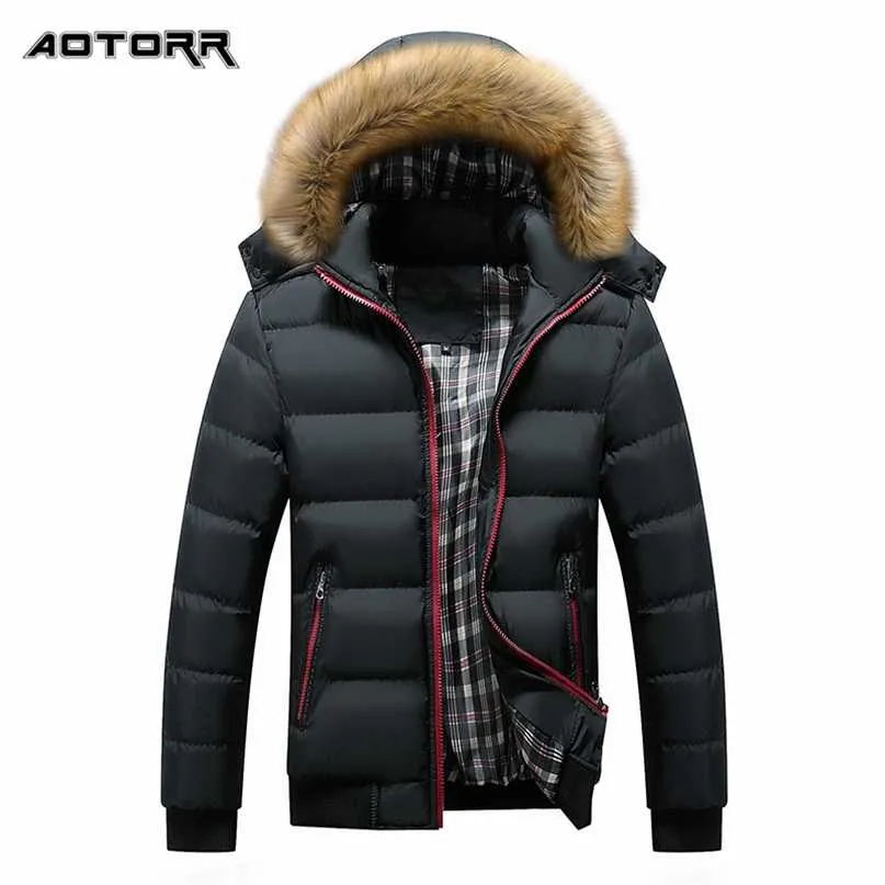 Winter Parka Men's Thick Coats Warm Fur Collar Hooded Jacket Mens Fashion Color Matching Overcoat Casual Winter Jackets Men 211025