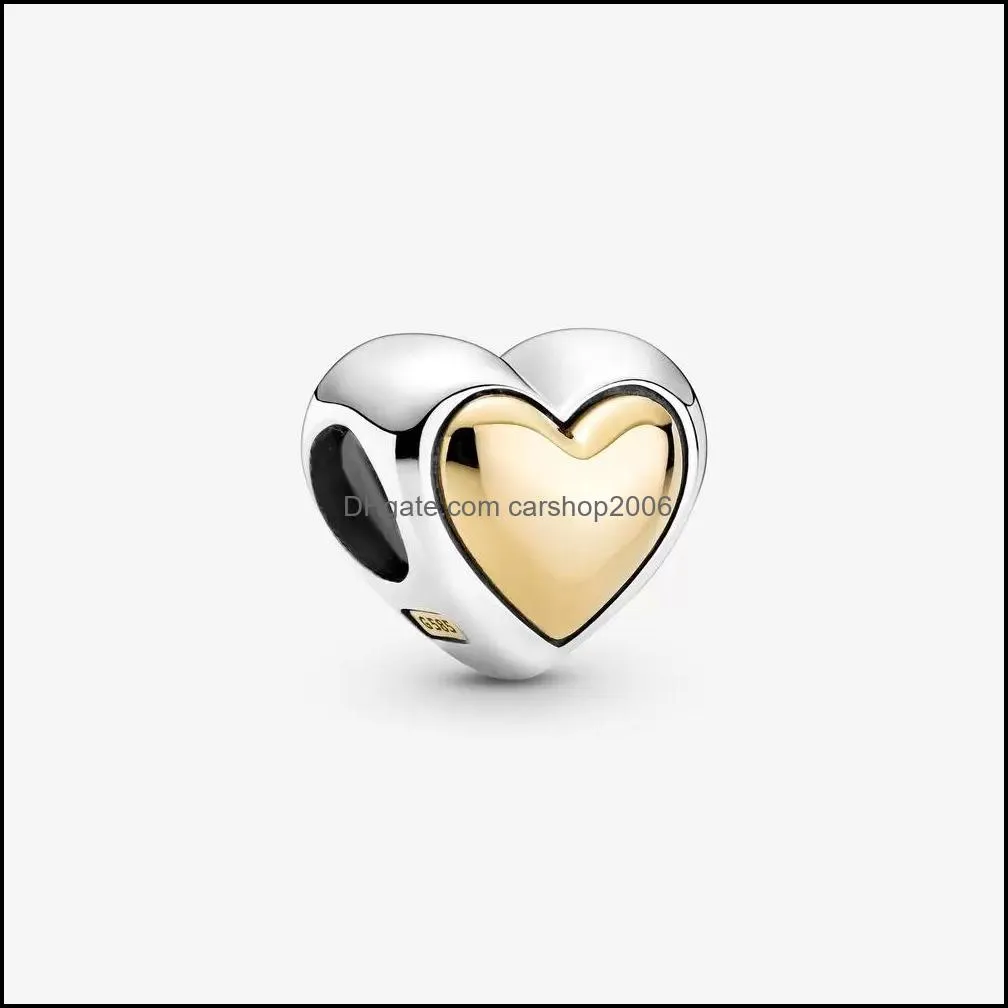 100% 925 Sterling Silver Domed Golden Heart Charm Fit Original European Charms Bracelet Fashion Jewelry Accessories