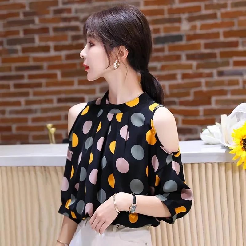 Kvinnors Blusar Skjortor Retro Blus Kvinnor Plus Storlek Sommarstil Koreansk Fashion Loose Lantern Sleeves Strapless Polka Dot Tryckt Chiffon