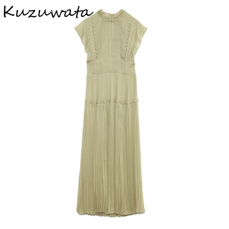 Kuzuwata ربيع جديد مطوي الرباط ضئيلة الخصر فساتين أنيقة الطازجة عالية الخصر المرأة اللباس مثير الجوف خارج vestidos 210309