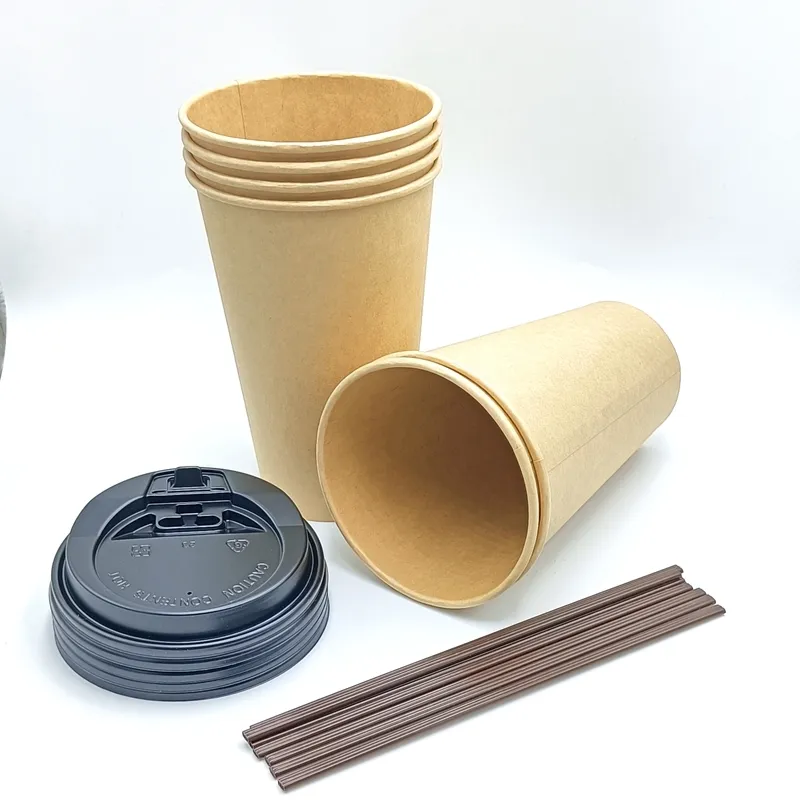 10pcs 16 Ounce Disposable with Lids, Coffee Tea Hot Chocolate Drinks Cups Brown