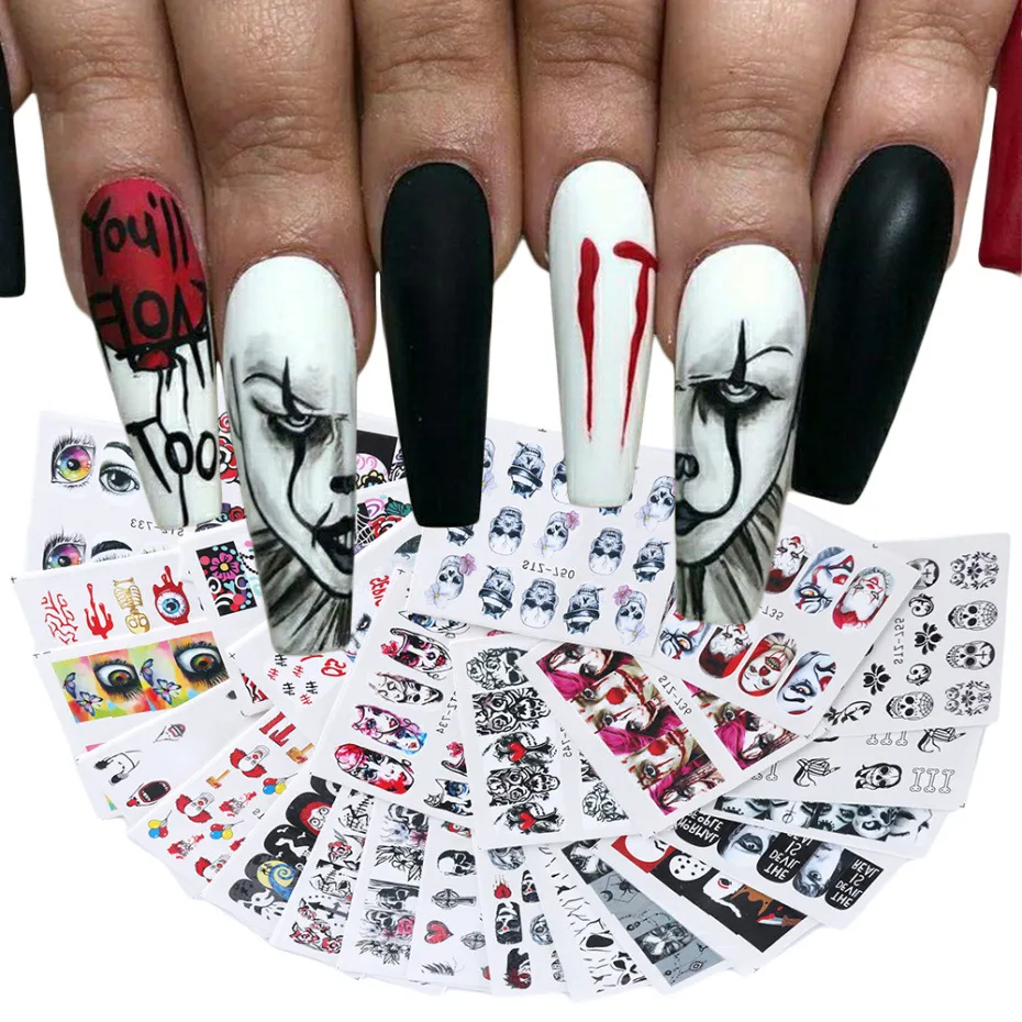 Nail Stickers Halloween Skull Ghost Skeleton Terrorist 24Designs Mix per set Water Decals Wraps voor Nail Decoratie Manicure Kleurrijke Tip