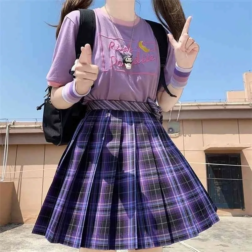 Kvinnor lila svart goth pläterad rutig kjol glir hög midja mini sexig kjolar japansk skola hajuku cosplay anime sailor kostym 210621