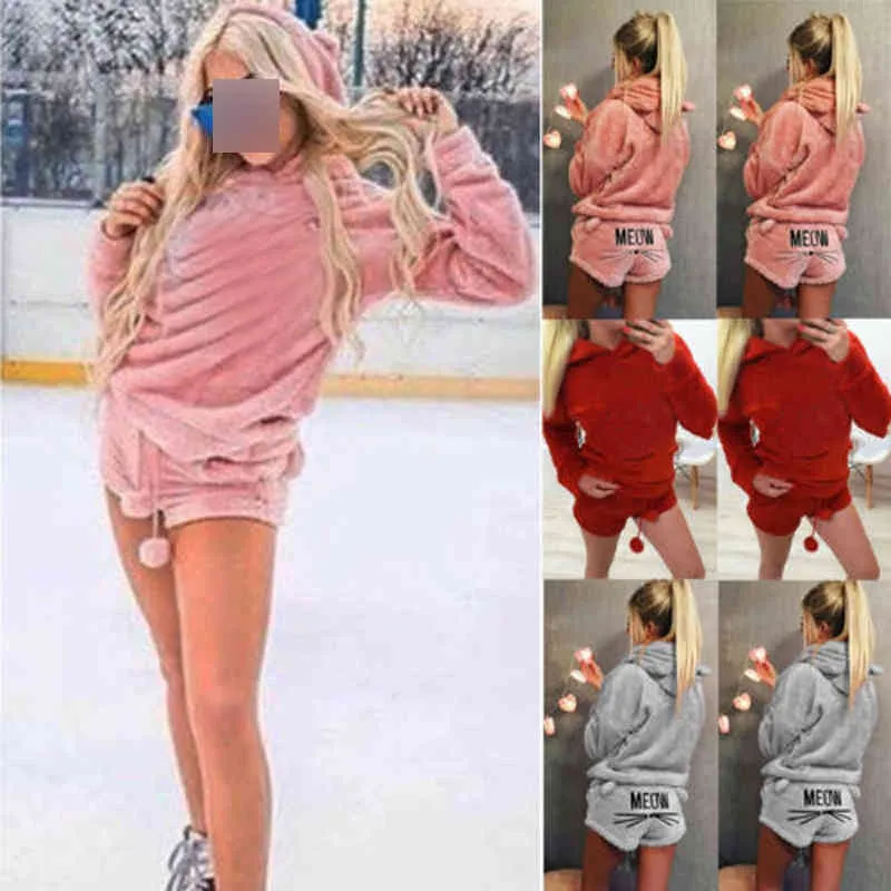 2020 Women 2Pcs Pajamas Sets Tracksuit New Winter Cartoon Print Hooded Warm Coral Fleece Sleepwear Female Hoodie+Shorts Outfits X0526