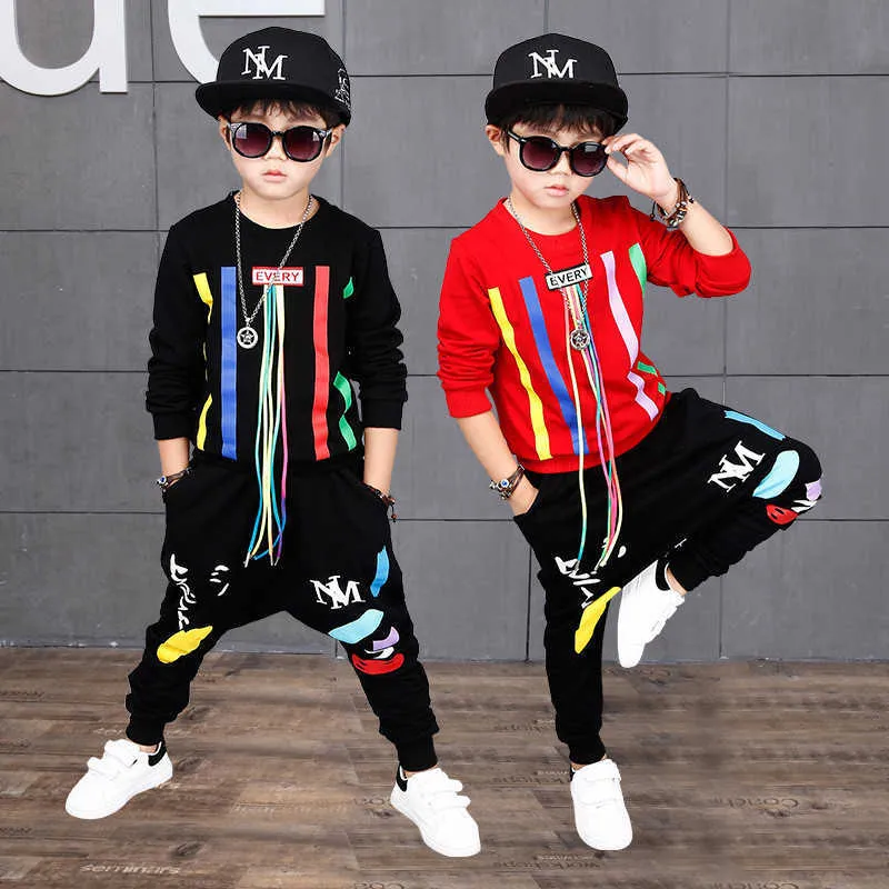Alta calidad Otono Invierno Moda Negro Rojo Camiseta Pantalones Conjunto para ninos Traje para ninos Ropa para ninos de 4 a 14 anos 210615
