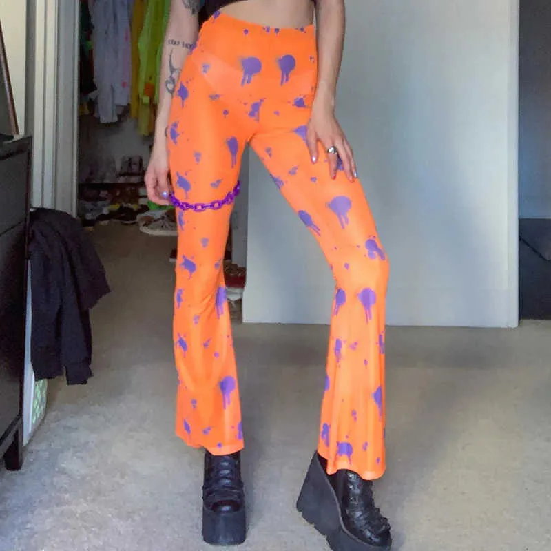 OMSJ 2020 Woman Sexy Mesh Flare Pants See-throught Orange Print Trousers Beach Bell Bottom Pants Summer Holiday Workout Clothes Q0801