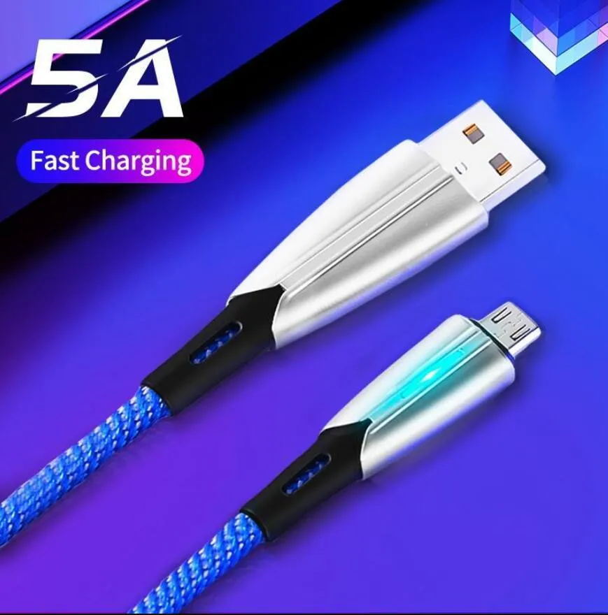 LED Light 3ft 1M 5A Type C Micro USB Cable Fast Charging For Samsung huawei xiaomi Android Mobile Phone Cord Wire Sync data