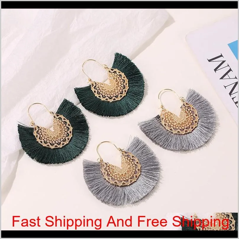 ethnic style 10colors fan shape tassel pendant earrings dangle hollow alloy fringe eardrop charm ear hooked women earring jewelry