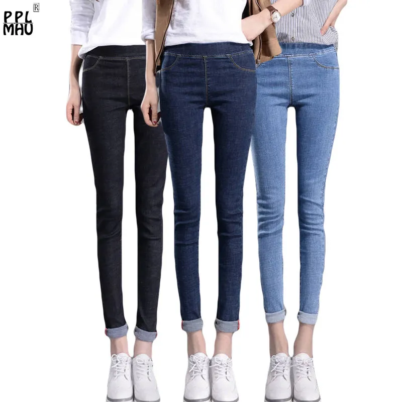 Женские базовые дна тощий карандаш брюки старинные эластичные джинсовые брюки плюс размер растягивающие маму джинсы женские джинсы 210222