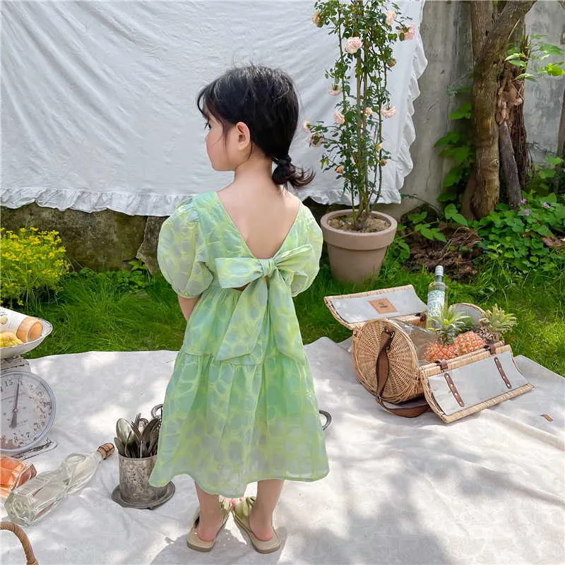 Green Summer Korean Dress for Girls Open Back Puff Sleeves Square Collar 2024