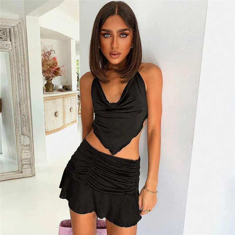 Lato Solidne Seksowne Dwie Kawałki Zestawy Damskie Garnitury Moda Halter Lace Up Crop Top i Wysoka Talia Spódnica Dopasowanie Zestaw Kobiety Dres 210625