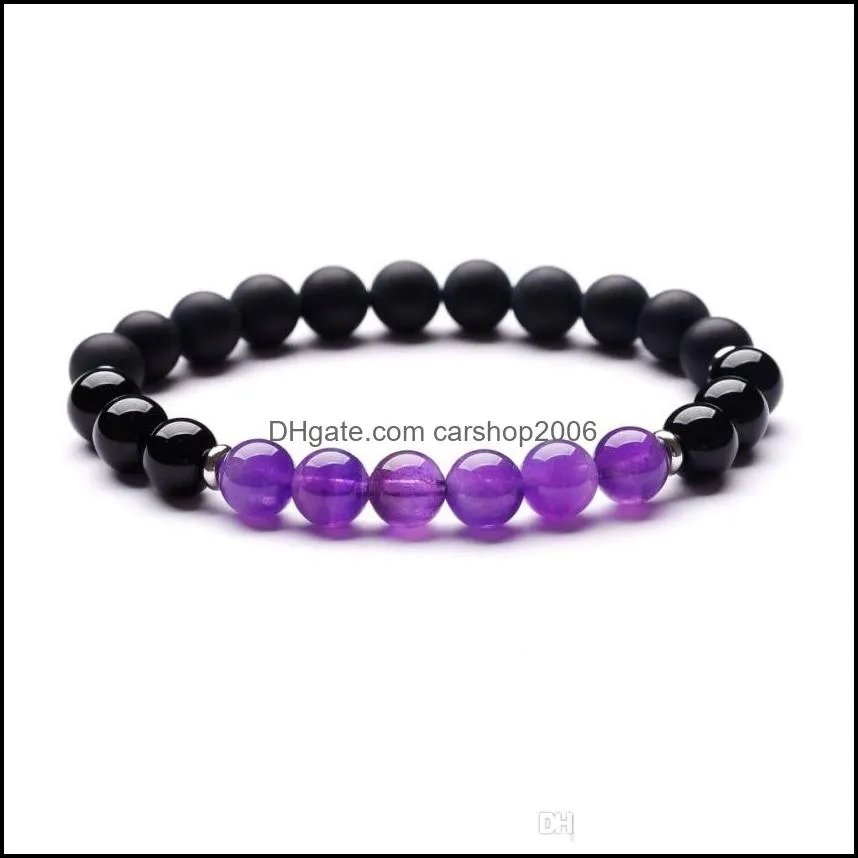 Natural stone bracelet 8mm amethyst frosted black agate mix stainless steel energy stone wrist jewelry