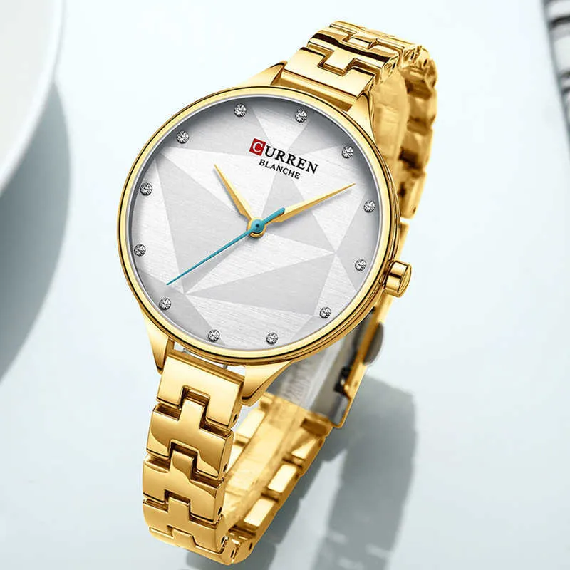 カレン女性はバラのゴールドの女性の贅沢なステンレス鋼の女性のクォーツレディース時計の女性が腕時計ゴールドカラーモノトルトフェムメ210527