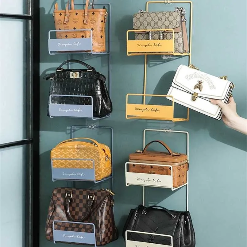 Punch-free Hanging Bag Storage Rack Shelf Iron Double Layers Handbag Wall-mounted Holder Home Organizer Shelves 211112