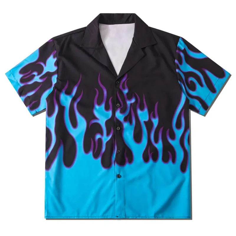 T-shirts pour hommes Lacible Hawaiian Beach Chemises Hip Hop Fire Flame Casual Bouton Chemise Hommes 2021 Mode d'été Tops à manches courtes