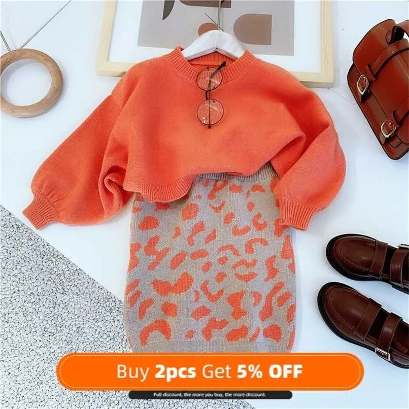 Design Baby Girl Autumn Knitting Sweater Dress Orange Christmas Girl Two Piece Casual Suit Dress Girls Sweaters 211027