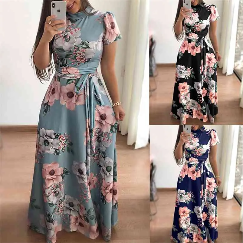 Flower Print Long Sleeve Maxi Dress Spring Autumn Casual Slim Sashe Elegant Robe Party es Plus Size S-5XL 210623