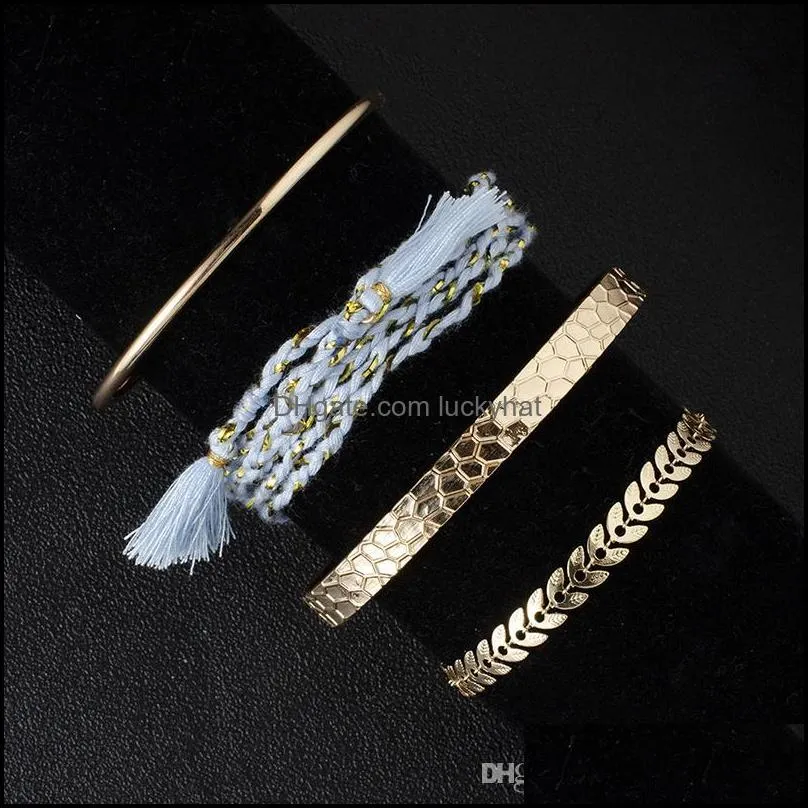 Retro Women Bracelets Pattern Airplane Chain Braided Blue Rope Fringe Round Heart Gold Bracelet Set Simple Birthday Gift